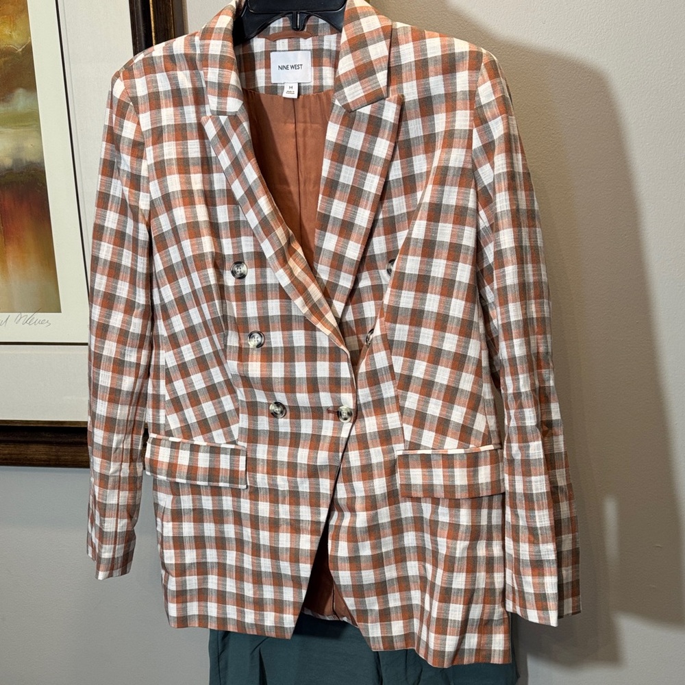 Nine West Plaid Blazer in Orange and Cream with Teal shorts set M - Picture 3 of 16